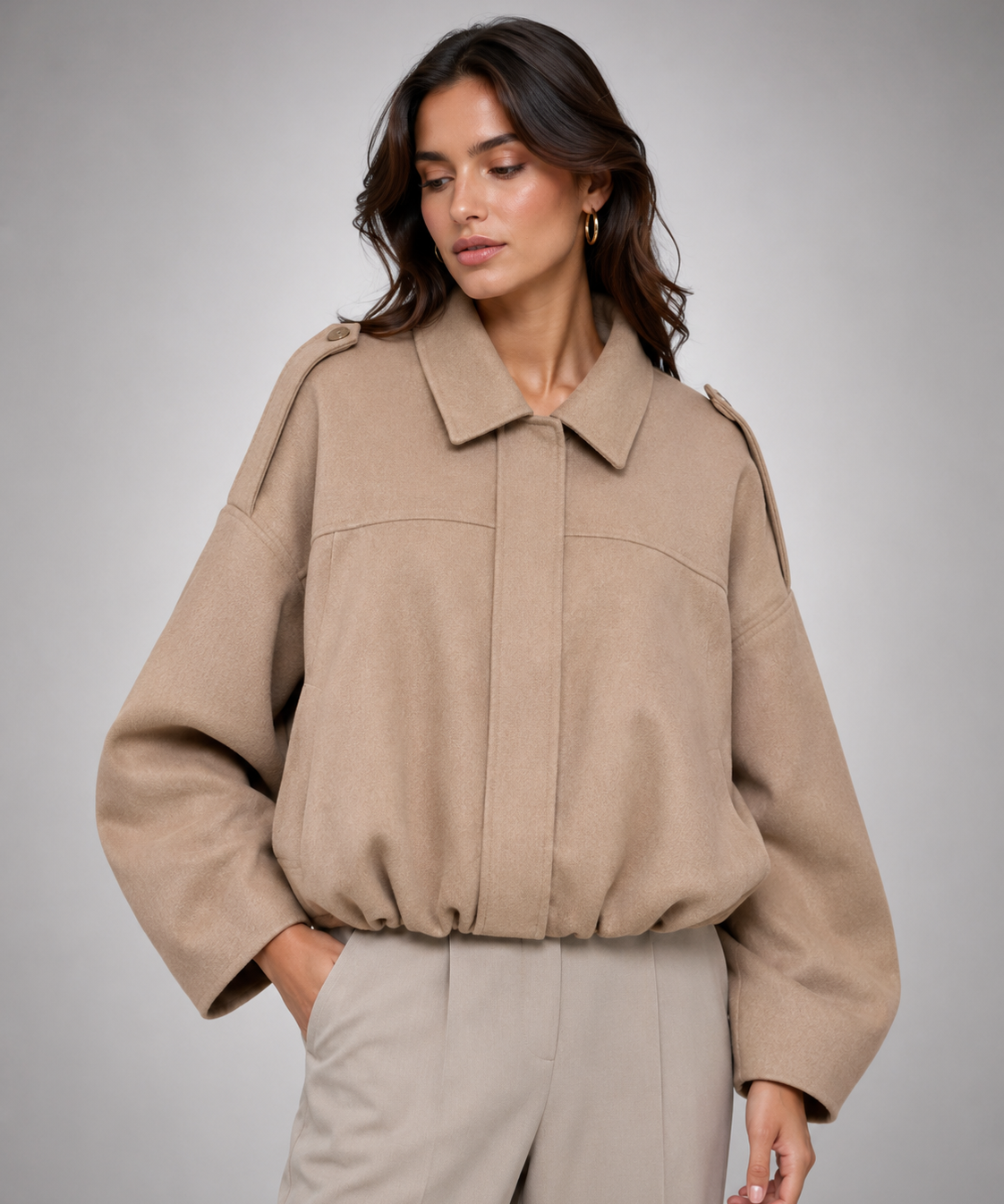 Veste Pilote Femme en Daim – Col Structuré, Fermeture Éclair, Style Décontracté