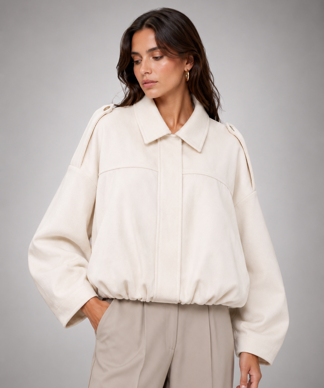 Veste Pilote Femme en Daim – Col Structuré, Fermeture Éclair, Style Décontracté