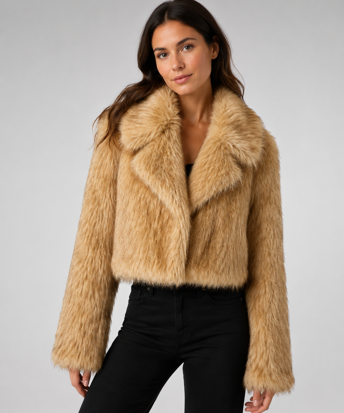 Veste femme en fausse fourrure – Col tailleur, coupe droite, style quotidien
