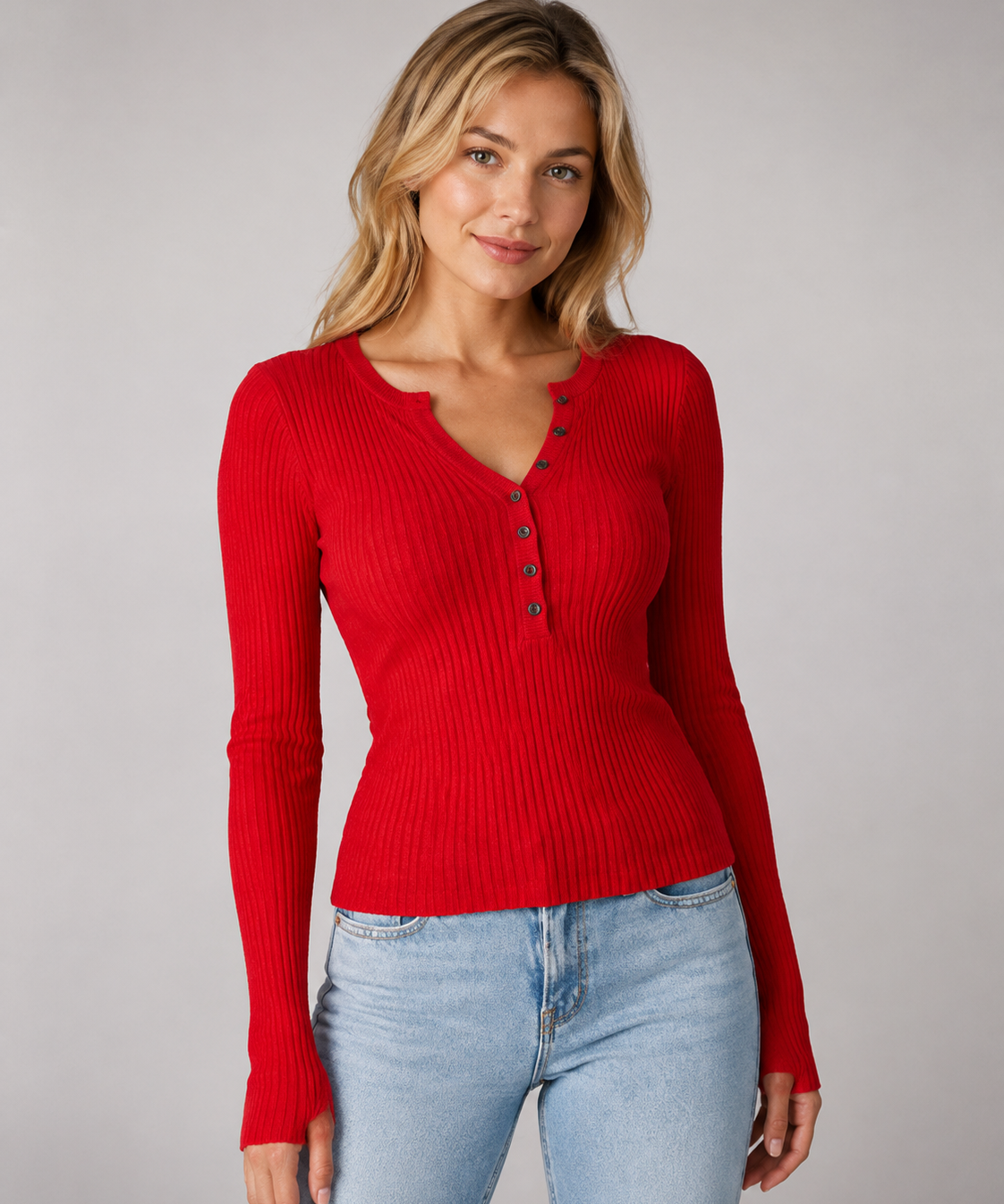 Pull femme côtelé – Col Henley boutonné, coupe ajustée, style quotidien