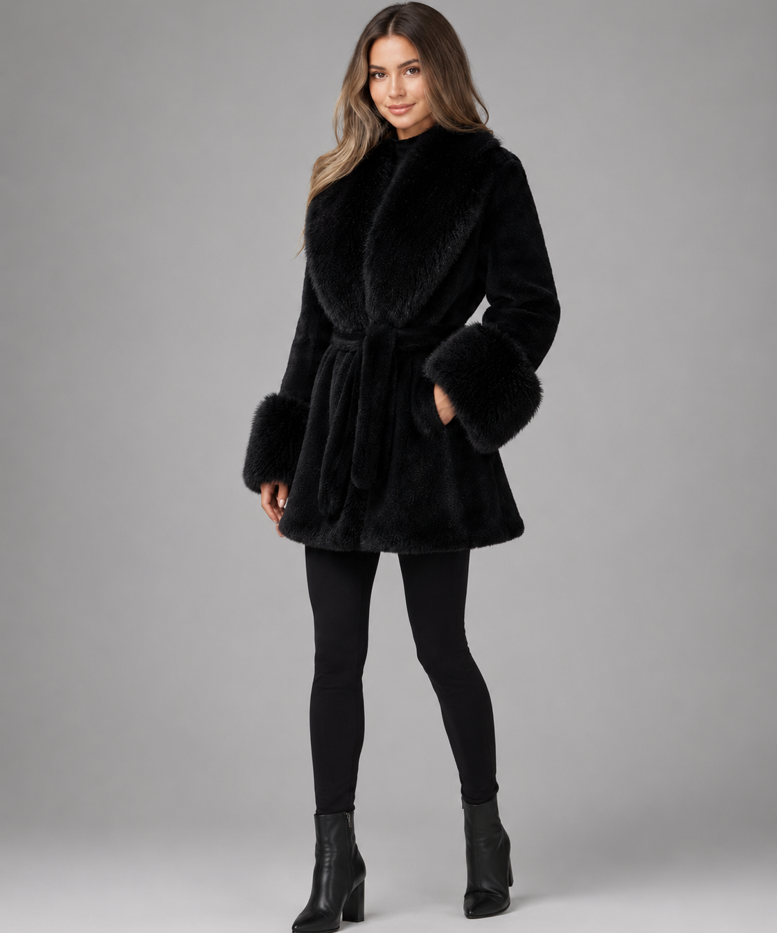 Veste femme en fausse fourrure – Col châle, ceinture à nouer, style élégant
