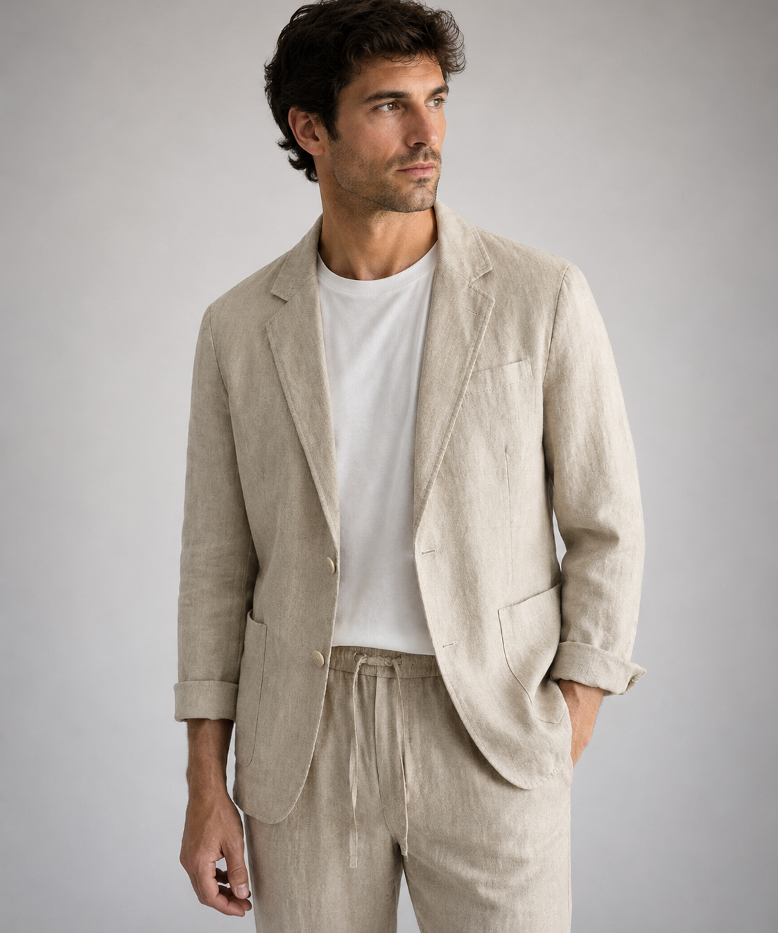 Veste de costume en lin pour homme – Fermeture boutonnée, coupe classique, au quotidien
