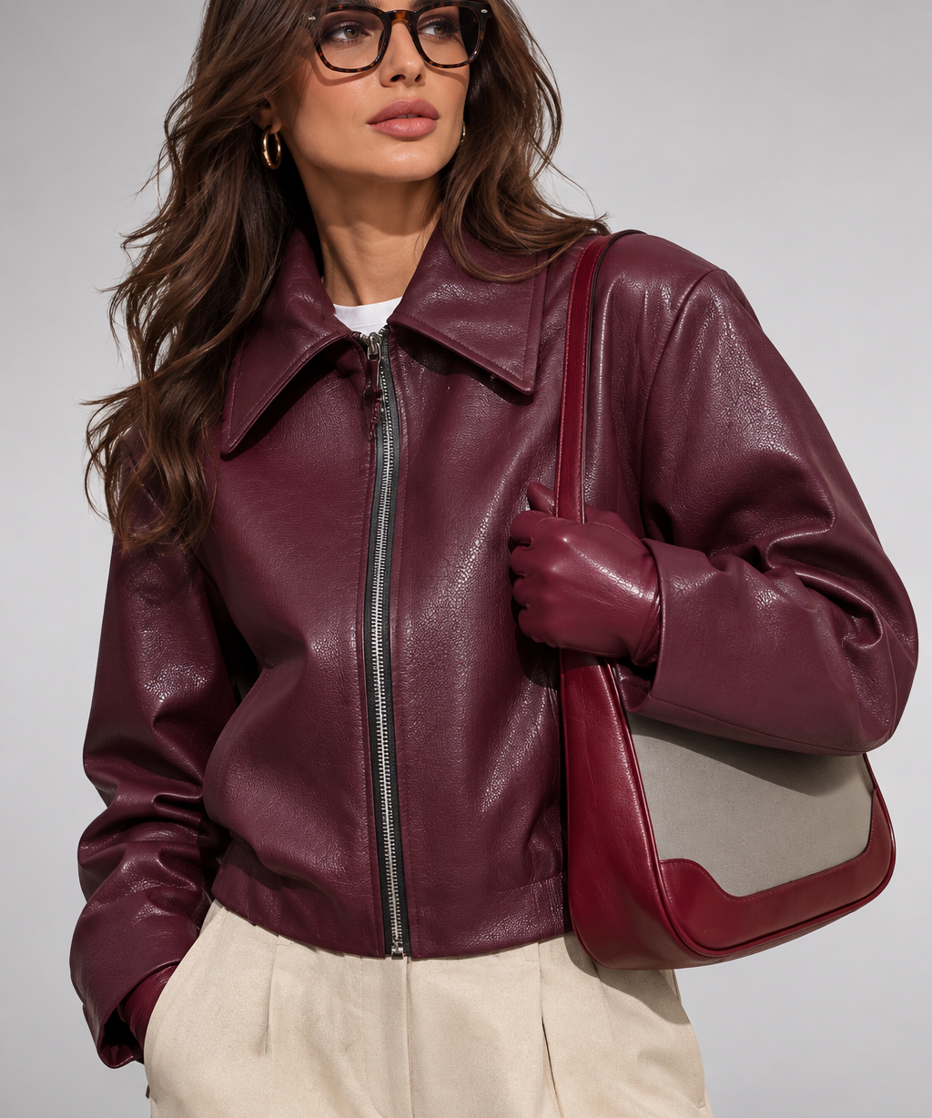 Veste en cuir femme – finition mate, style moto rétro, automne et hiver