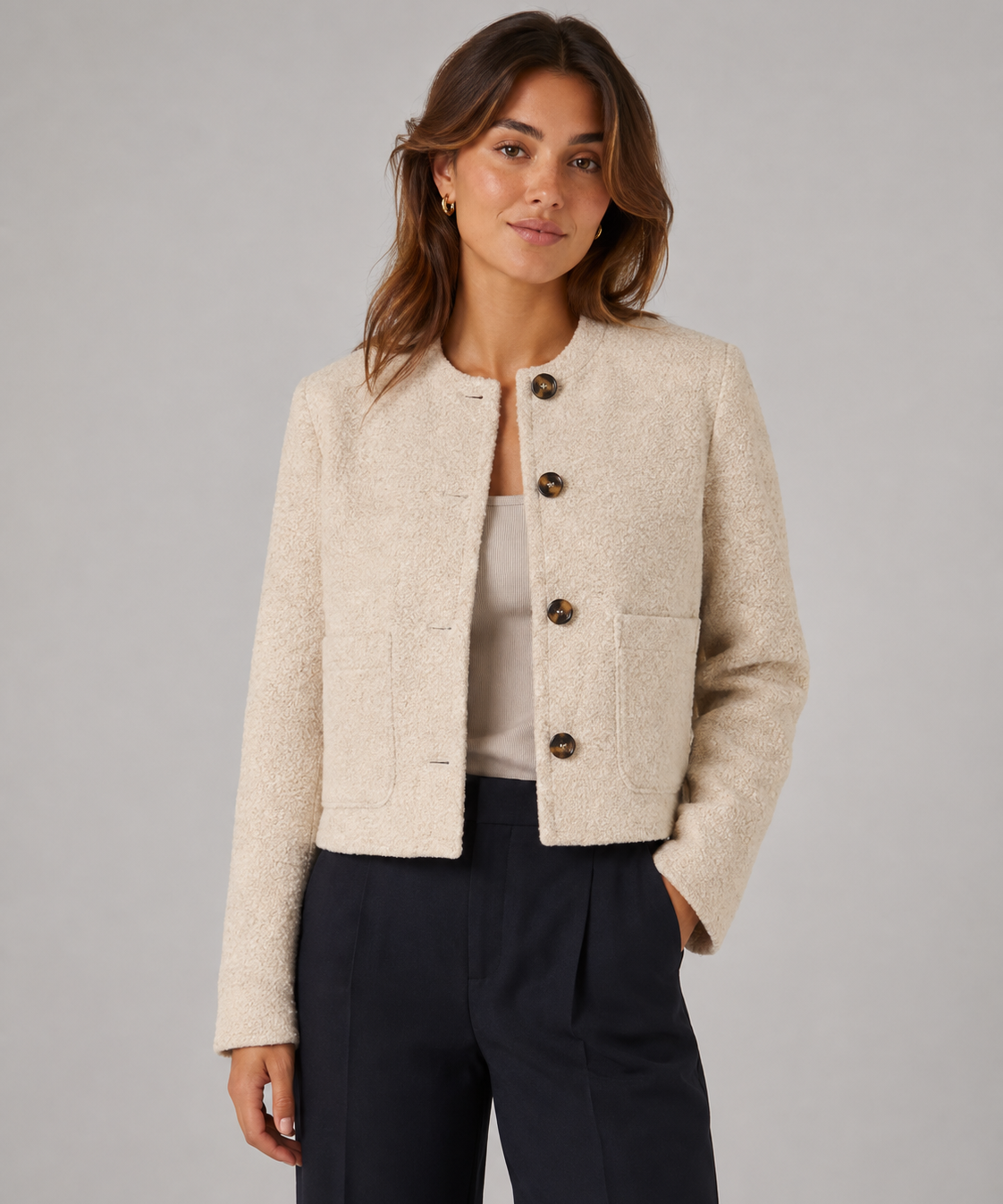 Veste femme courte – Simple boutonnage, Coupe boxy, Pour le quotidien