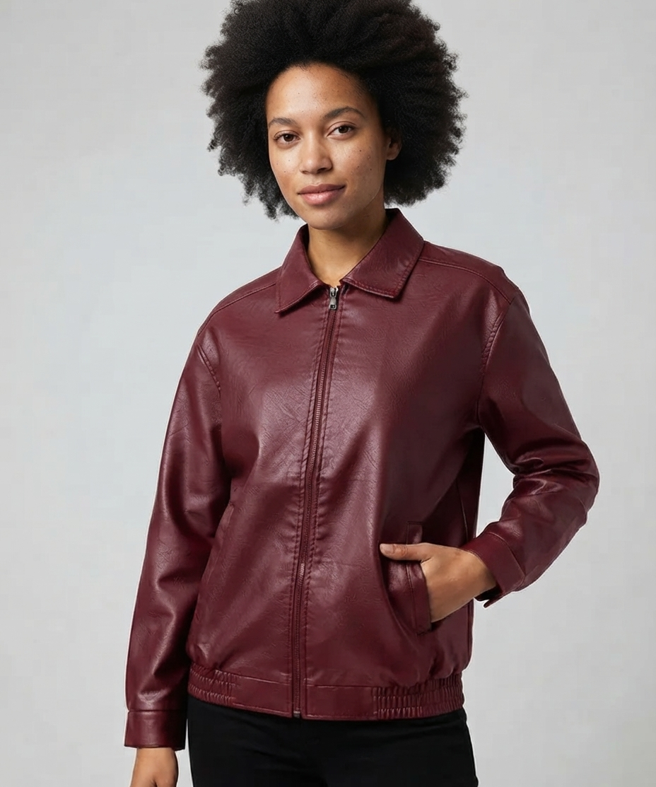 Veste femme en cuir – Coupe oversize, manches longues, revers, style décontracté