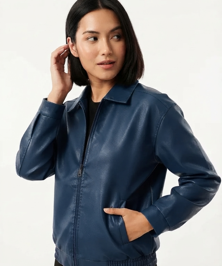 Veste femme en cuir – Coupe oversize, manches longues, revers, style décontracté