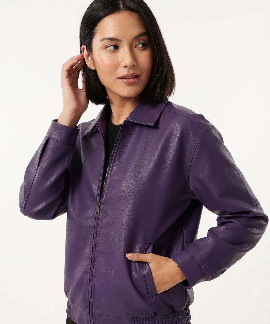 Veste femme en cuir – Coupe oversize, manches longues, revers, style décontracté