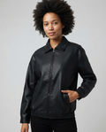 Veste femme en cuir – Coupe oversize, manches longues, revers, style décontracté