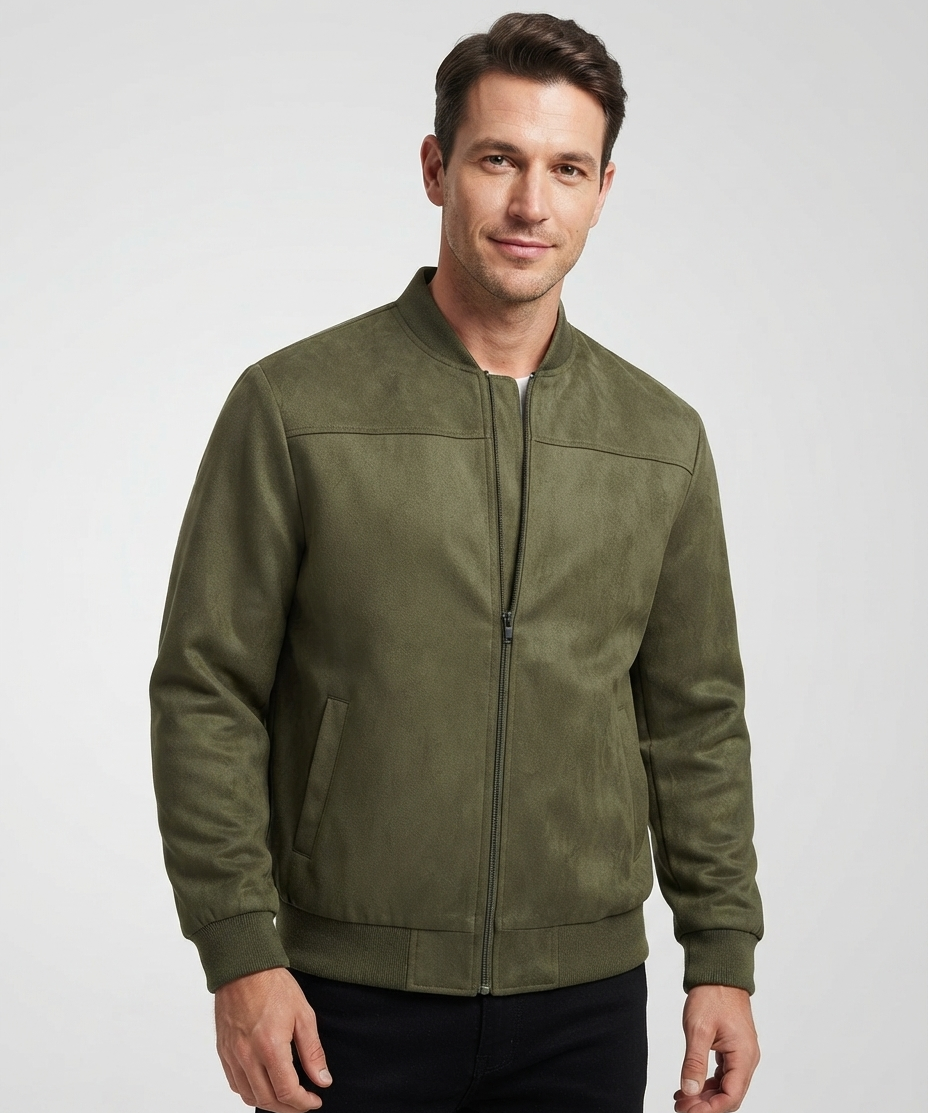 Veste homme en suède – Col montant, fermeture éclair, style business