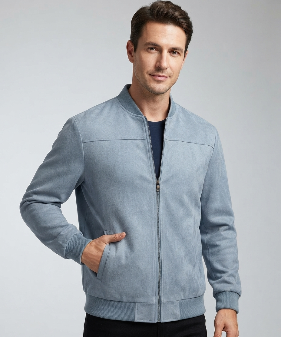 Veste homme en suède – Col montant, fermeture éclair, style business