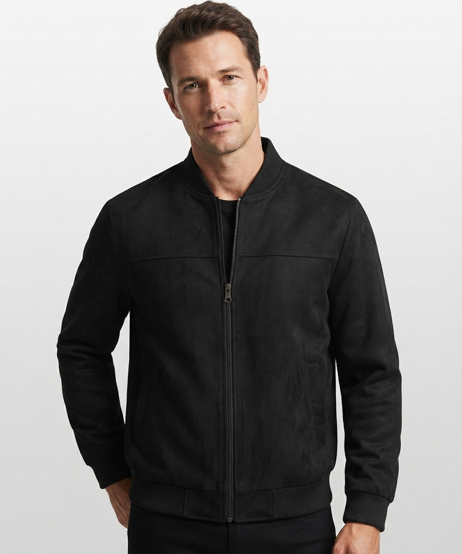 Veste homme en suède – Col montant, fermeture éclair, style business