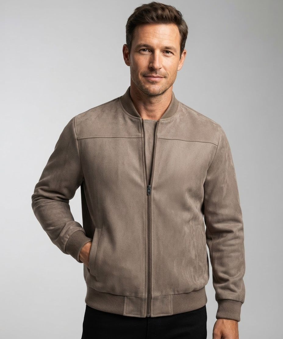 Veste homme en suède – Col montant, fermeture éclair, style business