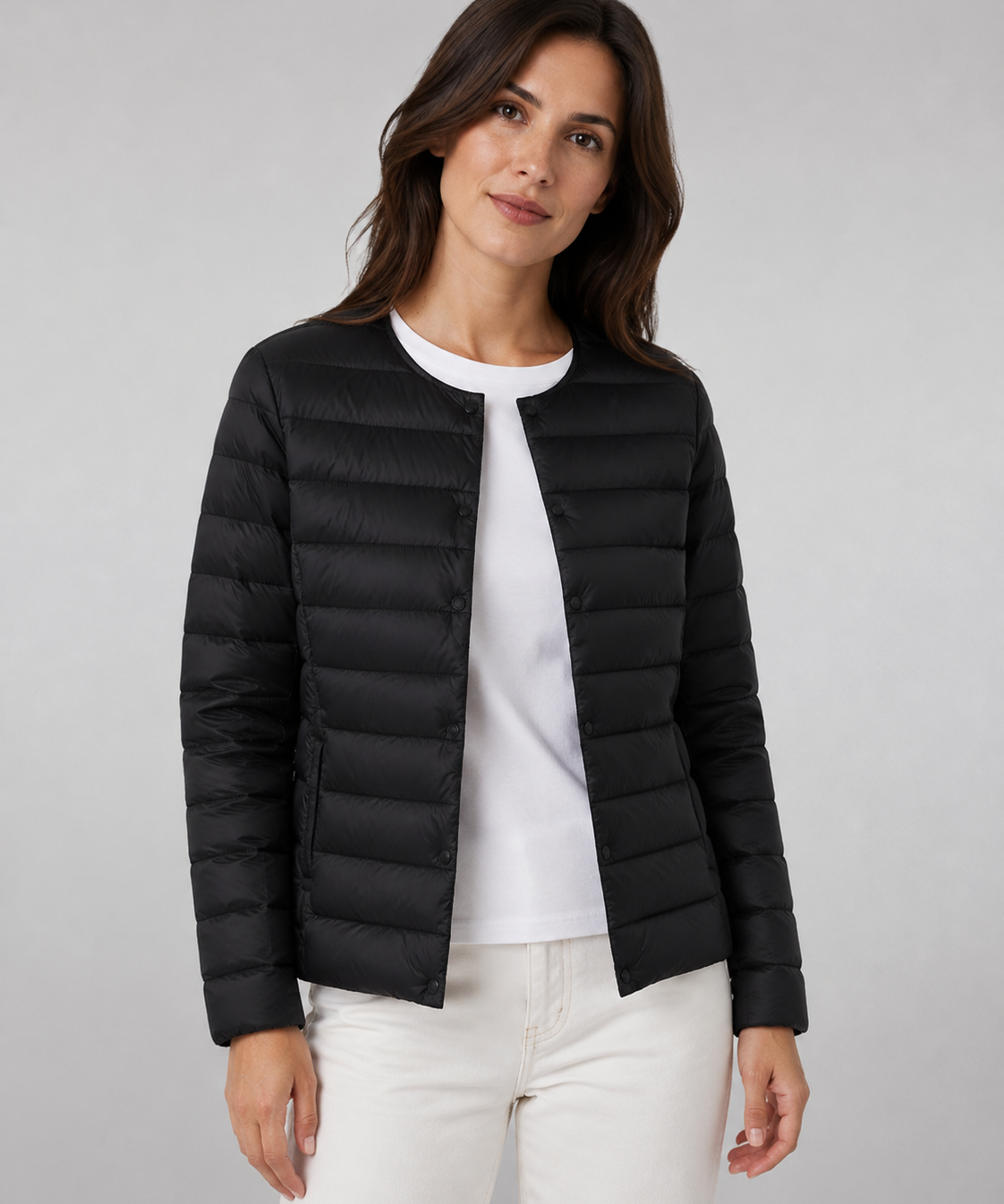 Veste légère femme – Col rond, manches longues, coupe simple, automne-hiver