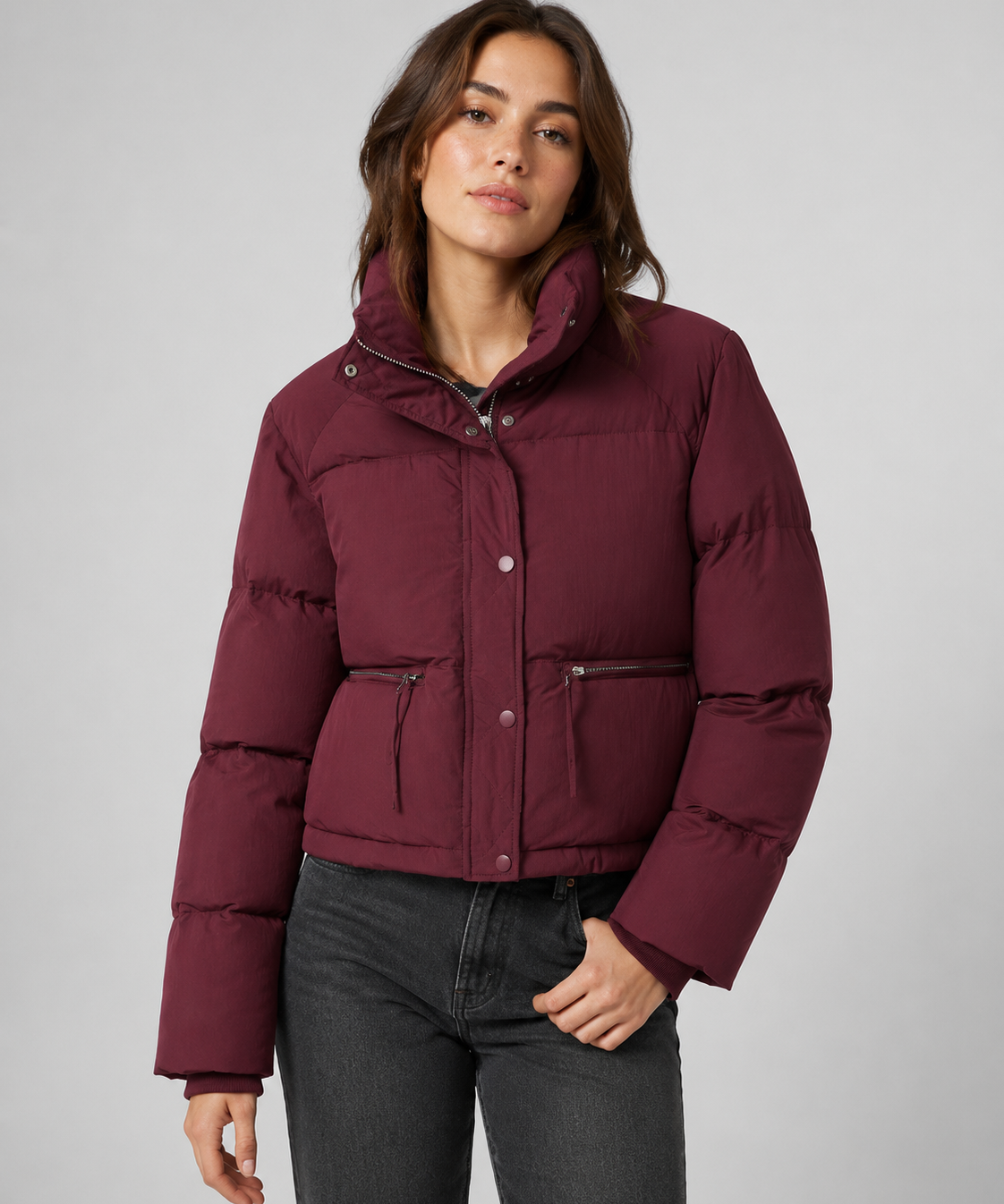 Veste matelassée femme – Col montant, coupe courte, rembourrage en coton, hiver