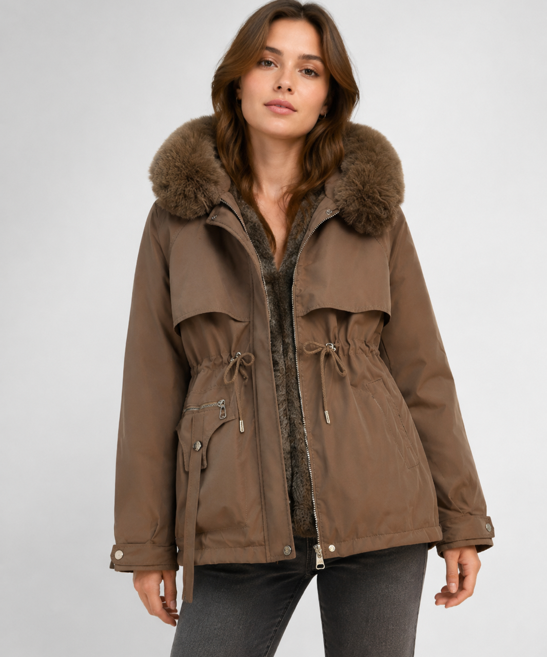 Veste matelassée pour femmes – Garnissage en duvet, coupe ajustée, col en fourrure