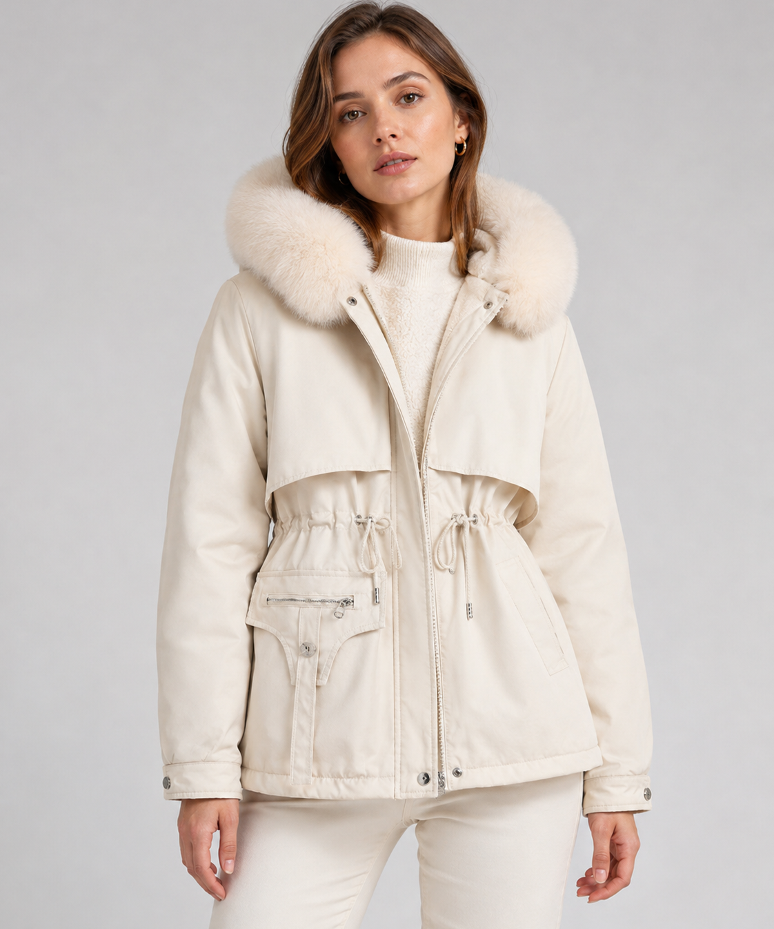 Veste matelassée pour femmes – Garnissage en duvet, coupe ajustée, col en fourrure