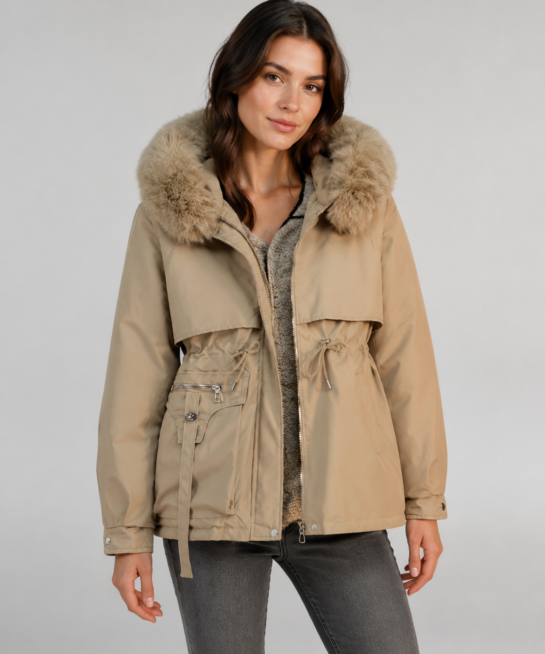 Veste matelassée pour femmes – Garnissage en duvet, coupe ajustée, col en fourrure