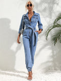 Combinaison en Denim Ceinturée à Manches Longues