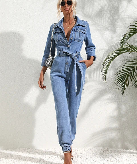 Combinaison en Denim Ceinturée à Manches Longues