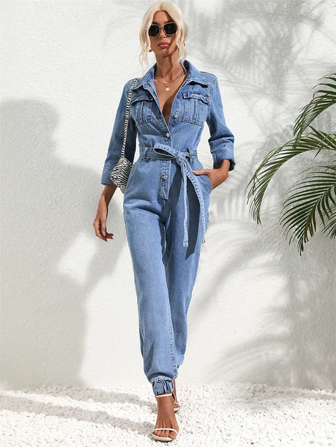 Combinaison en Denim Ceinturée à Manches Longues