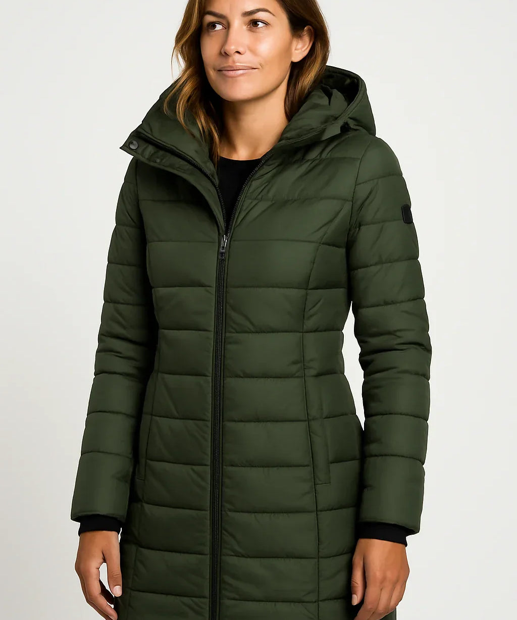 Manteau Matelassé Mi-Long avec Capuche pour Femme – Style Élégant