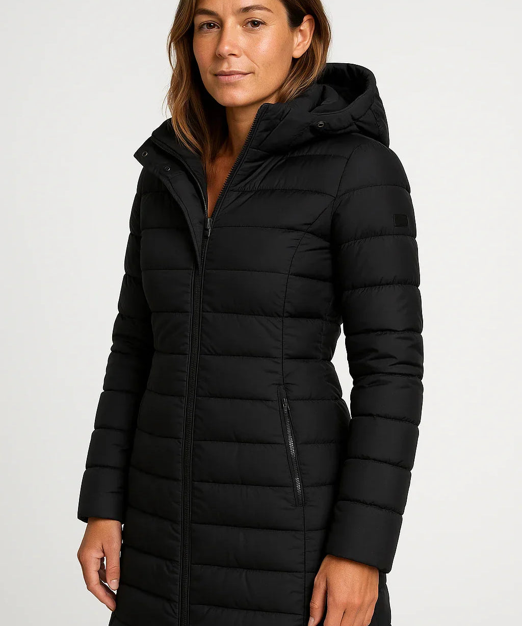 Manteau Matelassé Mi-Long avec Capuche pour Femme – Style Élégant