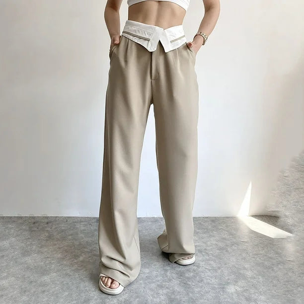 Pantalon Femme à Jambe Large Élégant avec Ceinture Élastique et Poches