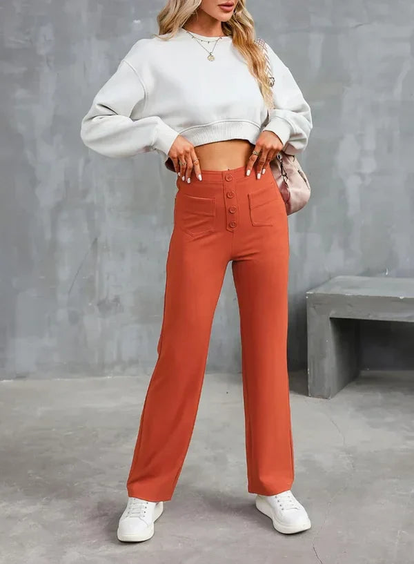 Pantalon Taille Haute Extensible pour Femme – Poches Latérales Chic