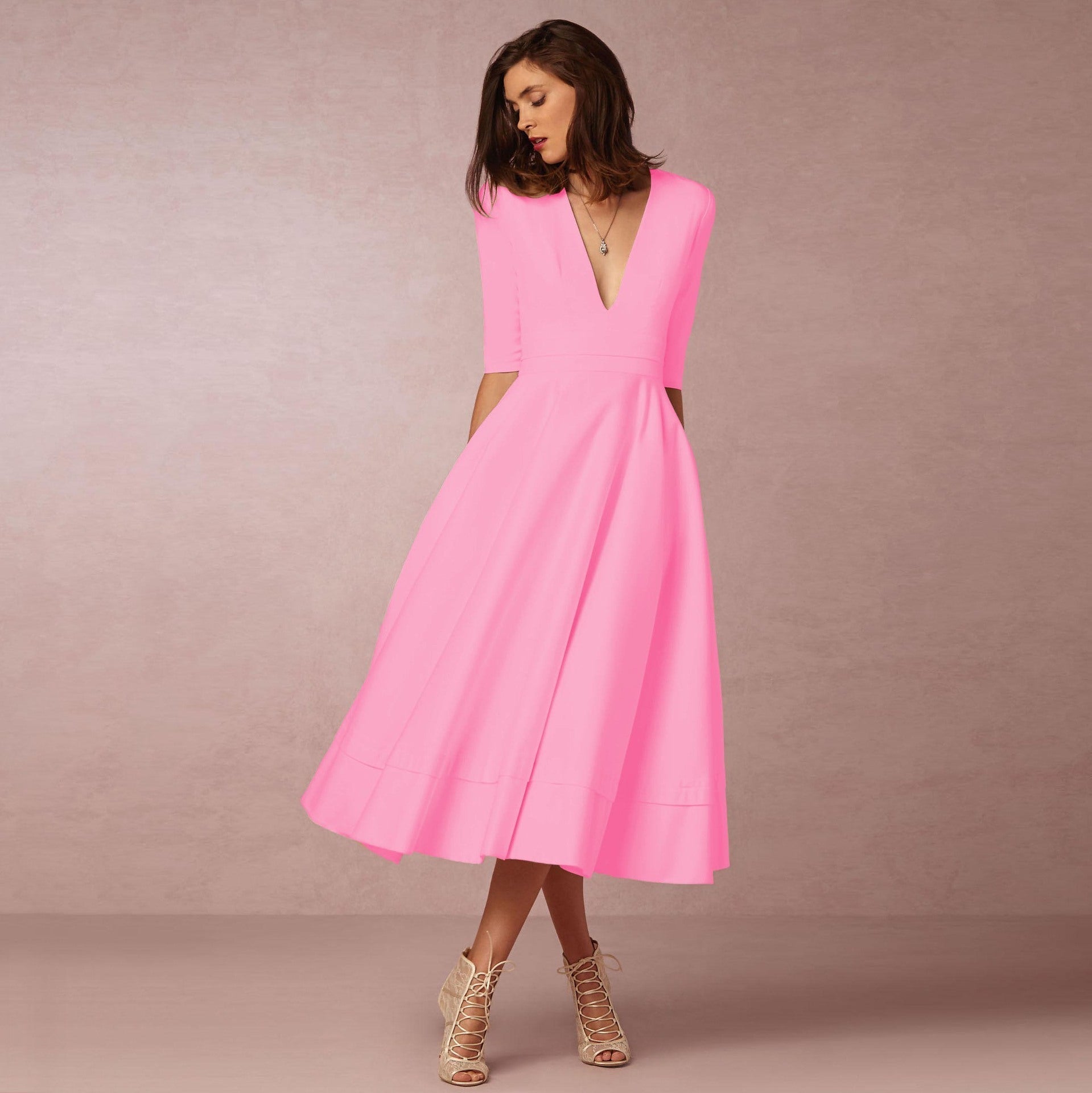 Robe miidi femme élégante – A-ligne, décolleté en V, manches 3/4