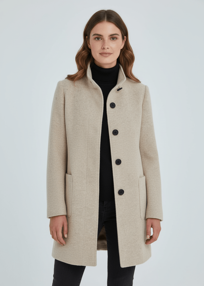 Manteau en Laine Mélangée avec Col Montant & Poches