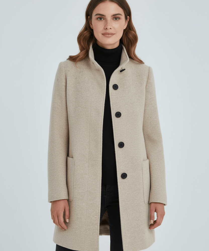 Manteau en Laine Mélangée avec Col Montant & Poches