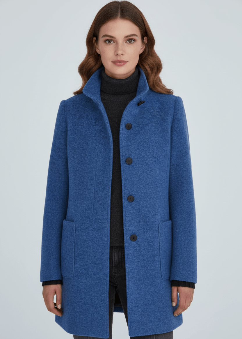Manteau en Laine Mélangée avec Col Montant & Poches