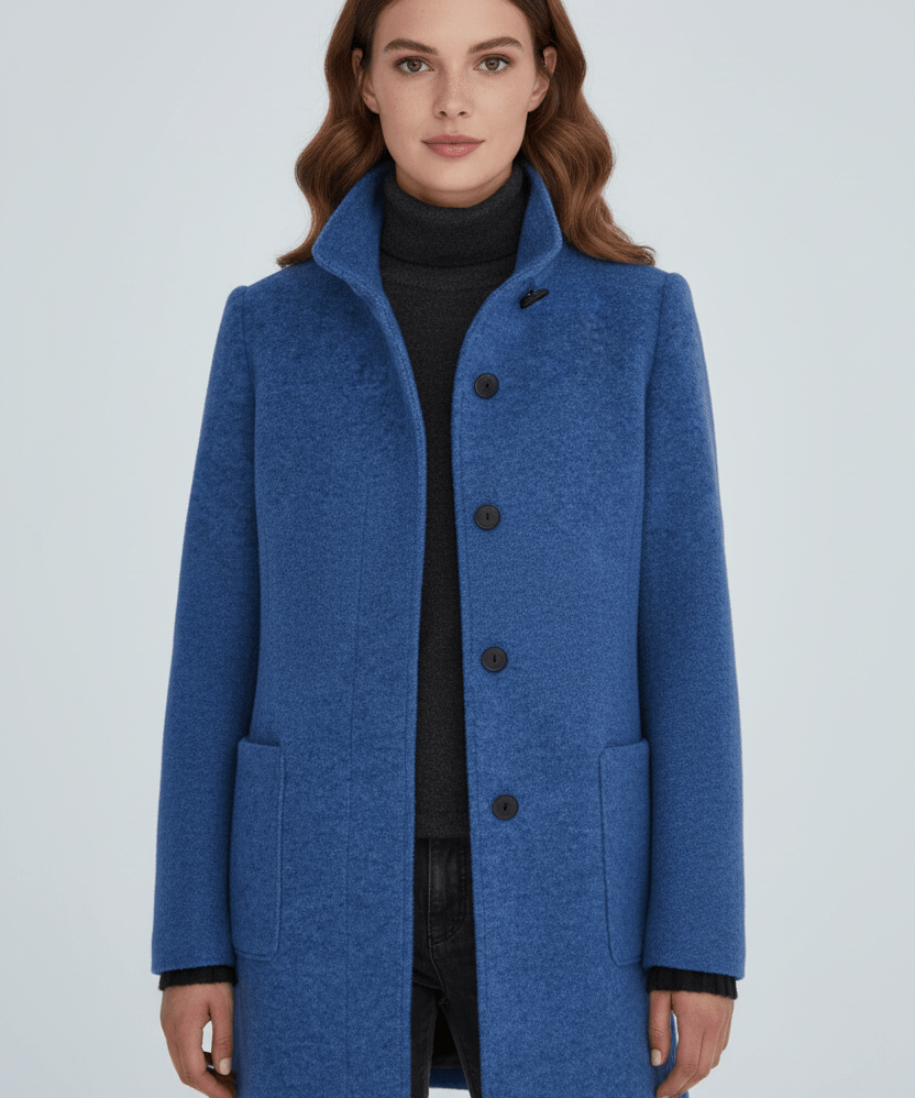 Manteau en Laine Mélangée avec Col Montant & Poches