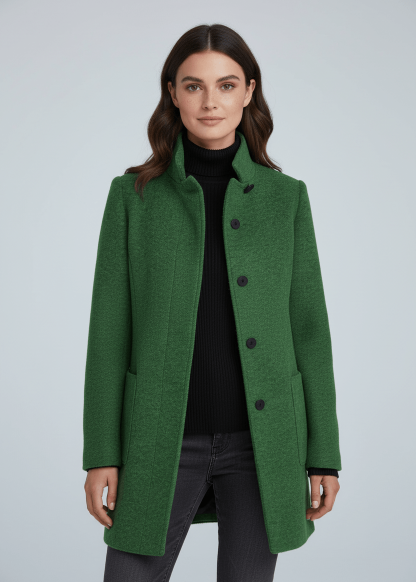 Manteau en Laine Mélangée avec Col Montant & Poches