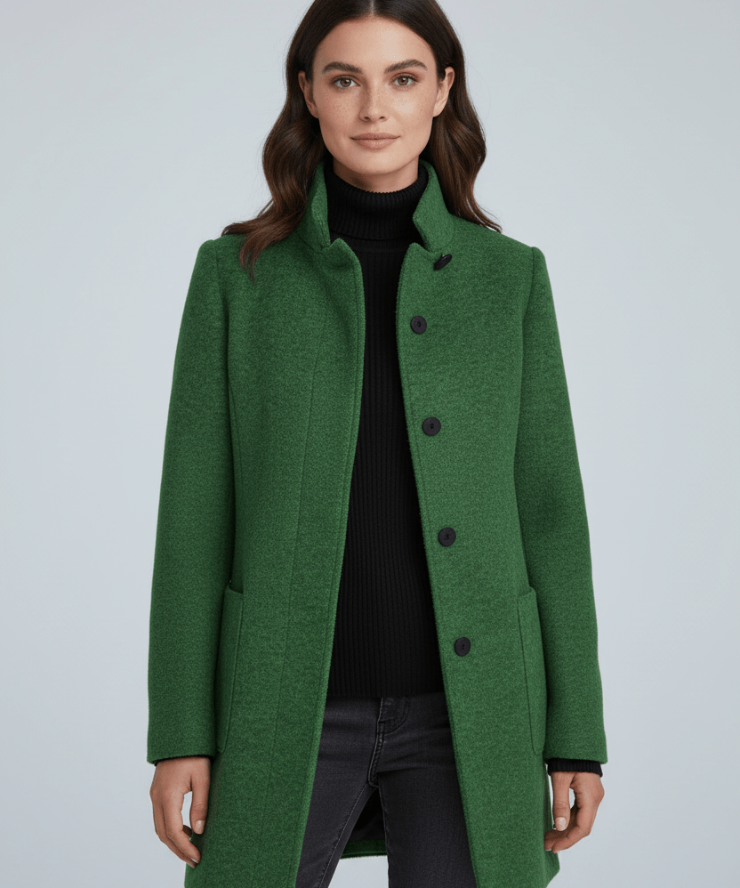 Manteau en Laine Mélangée avec Col Montant & Poches