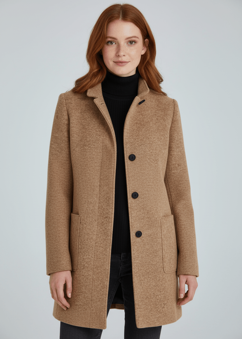 Manteau en Laine Mélangée avec Col Montant & Poches