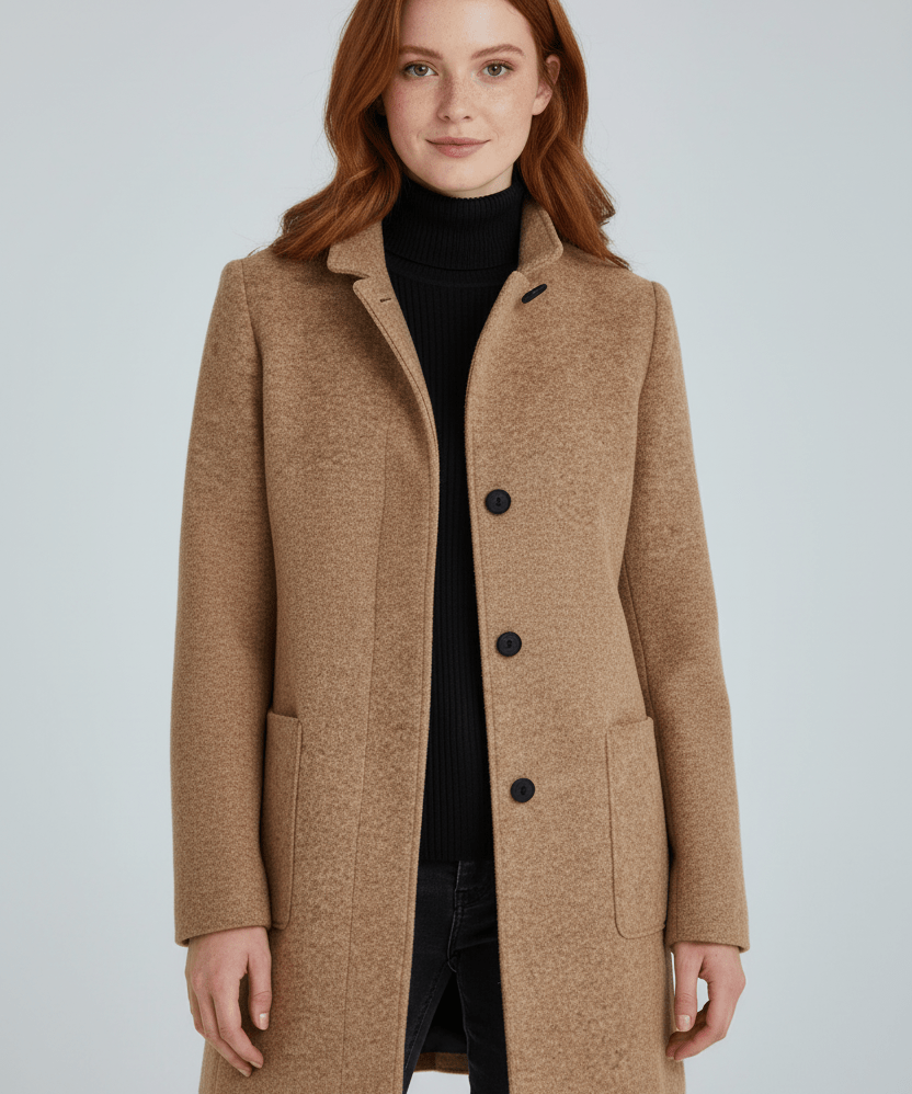 Manteau en Laine Mélangée avec Col Montant & Poches