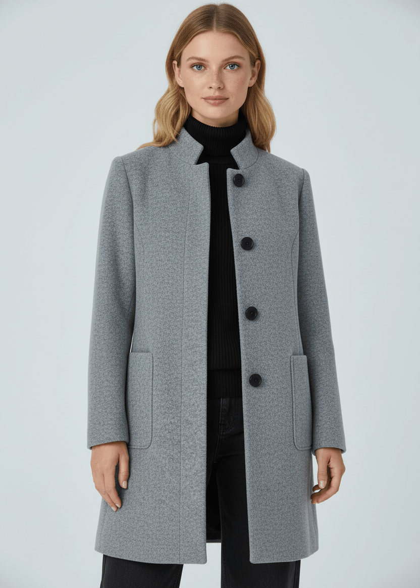 Manteau en Laine Mélangée avec Col Montant & Poches