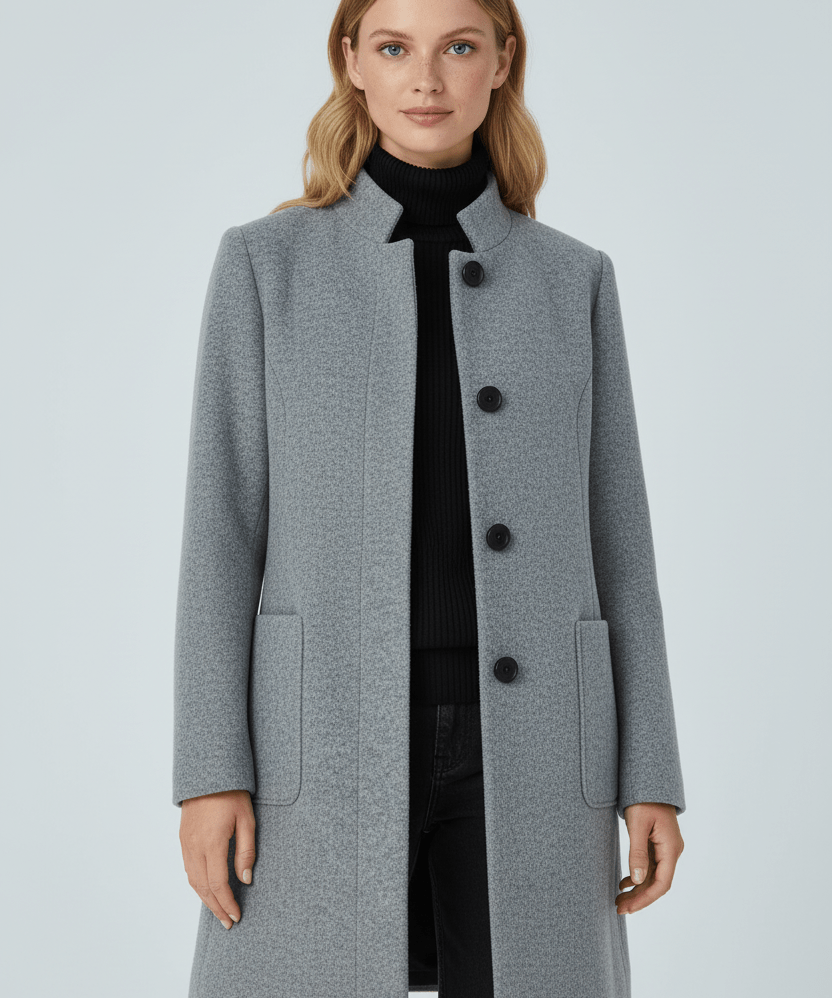 Manteau en Laine Mélangée avec Col Montant & Poches