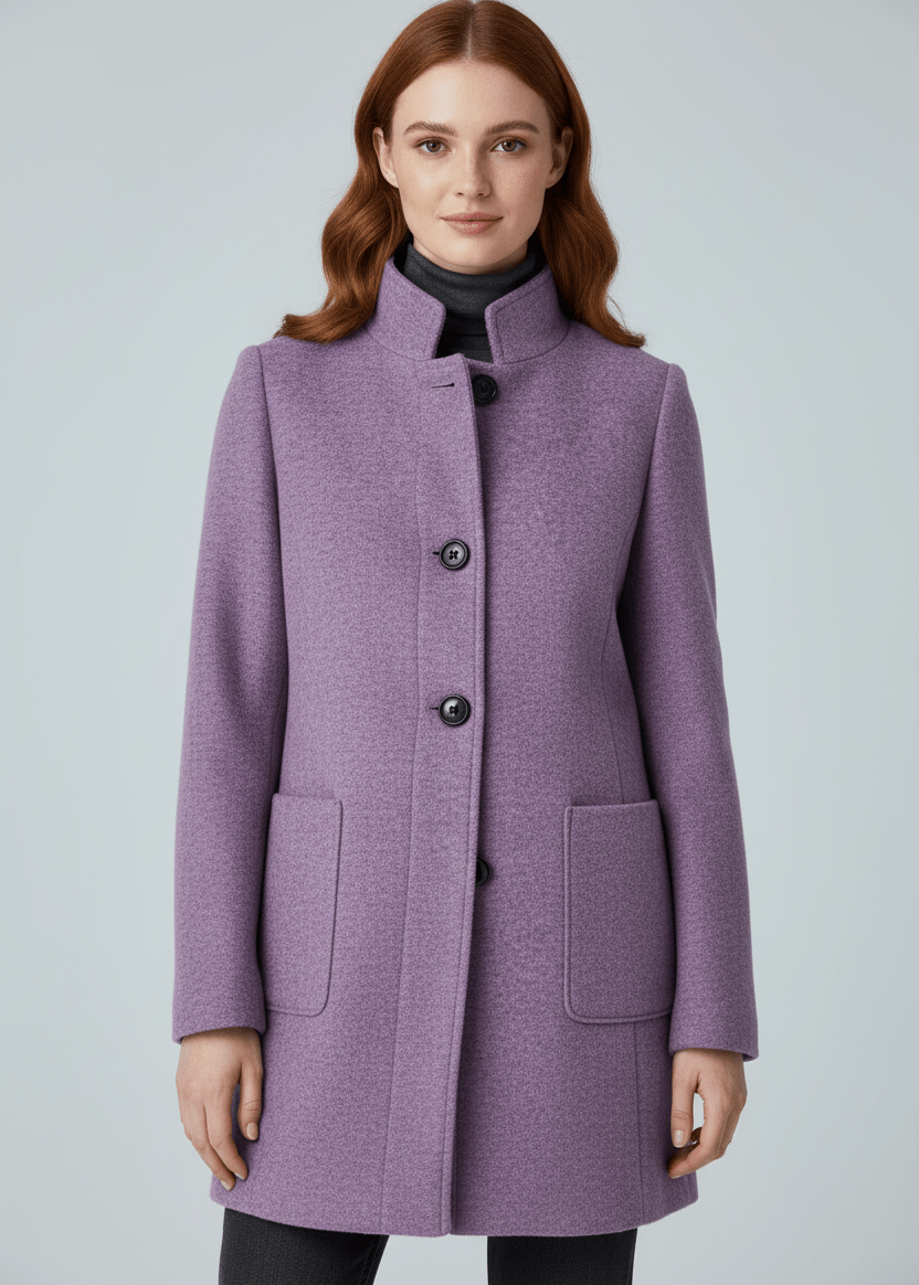 Manteau en Laine Mélangée avec Col Montant & Poches