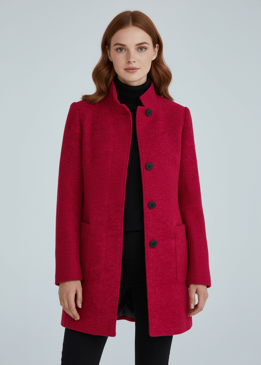 Manteau en Laine Mélangée avec Col Montant & Poches