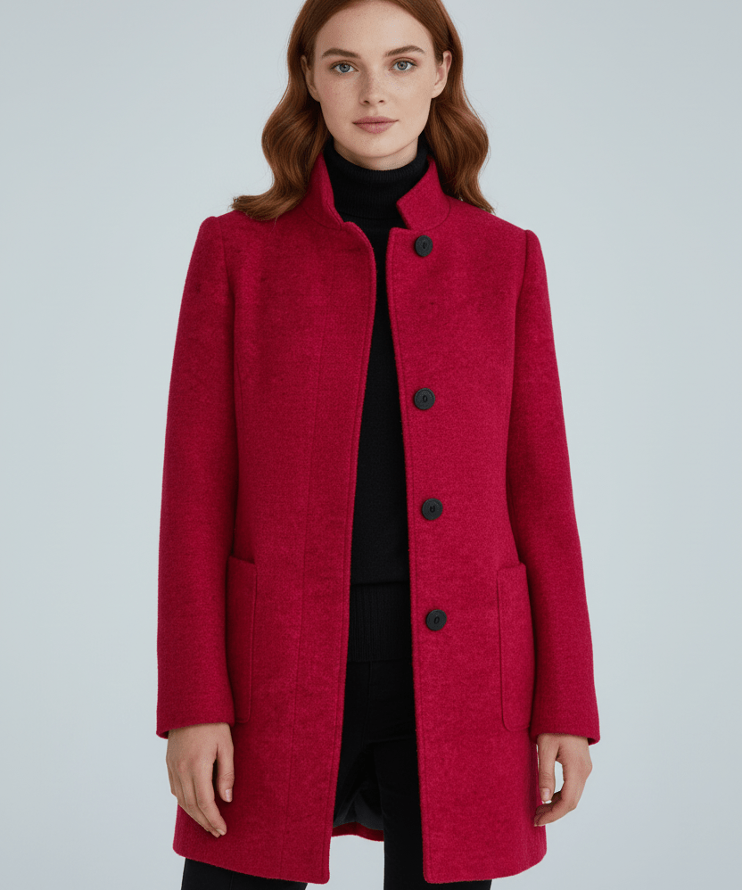 Manteau en Laine Mélangée avec Col Montant & Poches