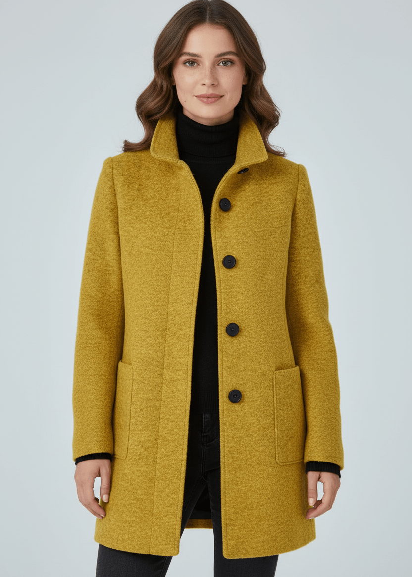 Manteau en Laine Mélangée avec Col Montant & Poches