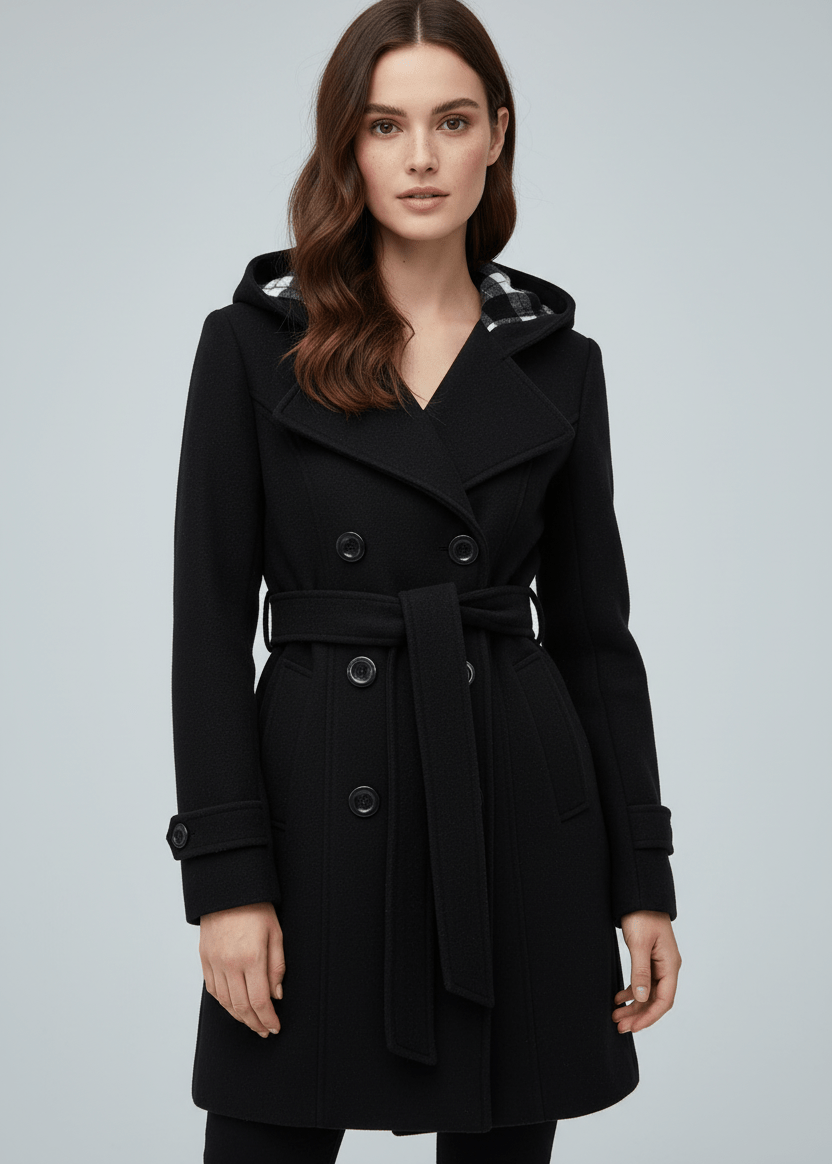 Manteau en Laine avec Capuche, Double Boutonnage et Taille Ceinturée