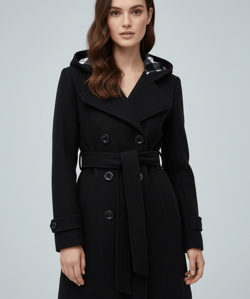 Manteau en Laine avec Capuche, Double Boutonnage et Taille Ceinturée