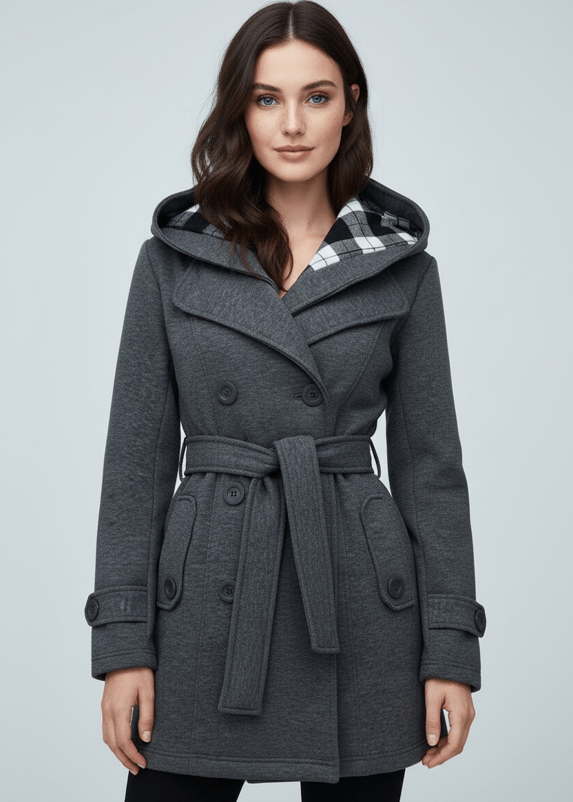 Manteau en Laine avec Capuche, Double Boutonnage et Taille Ceinturée