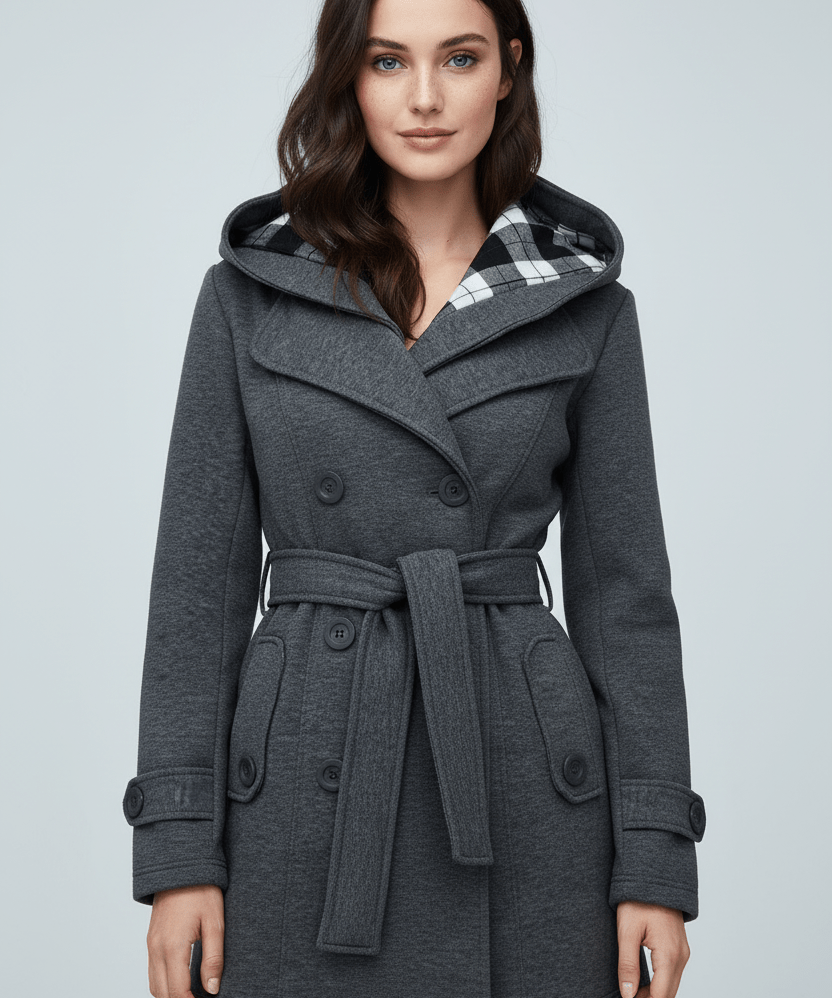 Manteau en Laine avec Capuche, Double Boutonnage et Taille Ceinturée
