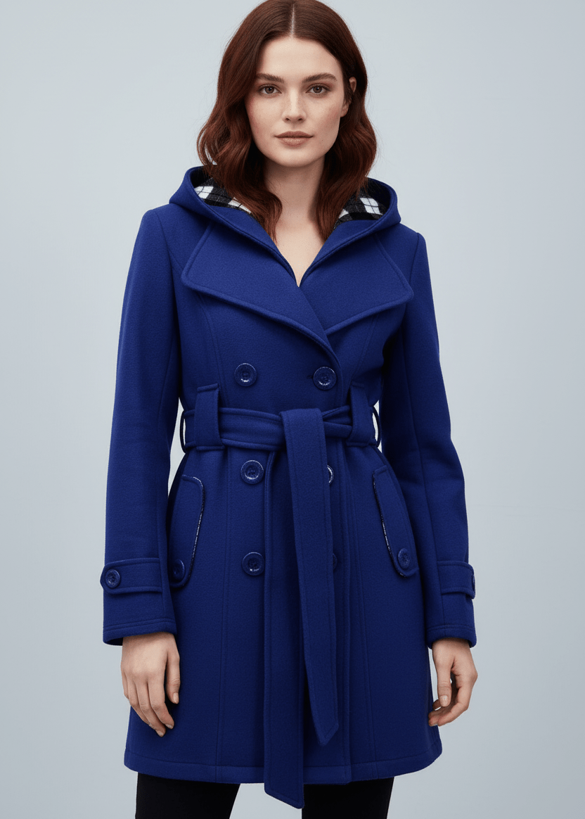 Manteau en Laine avec Capuche, Double Boutonnage et Taille Ceinturée