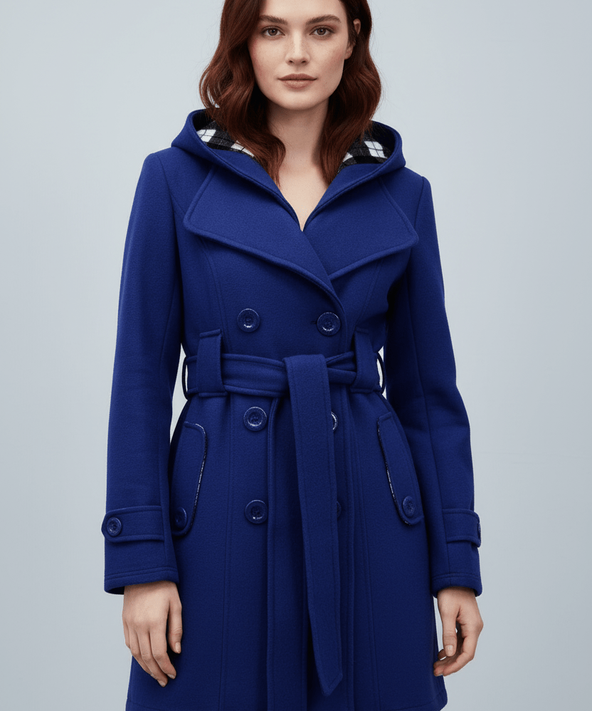 Manteau en Laine avec Capuche, Double Boutonnage et Taille Ceinturée