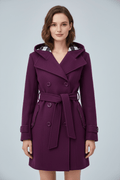 Manteau en Laine avec Capuche, Double Boutonnage et Taille Ceinturée